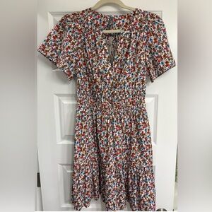 Anthropologie Floral Short-Sleeve Smocked Waist Dress in White, Red, Blue